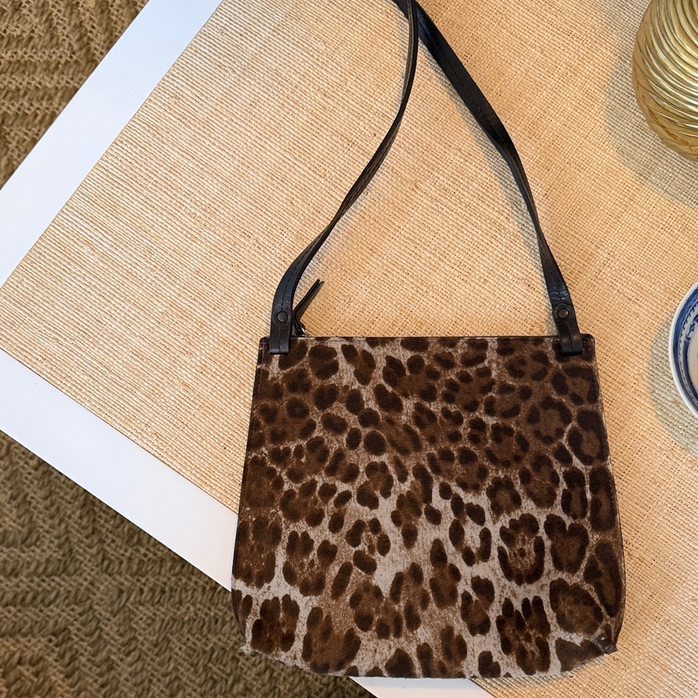 Leopard Print Brown Shoulder Bag with Black Strap